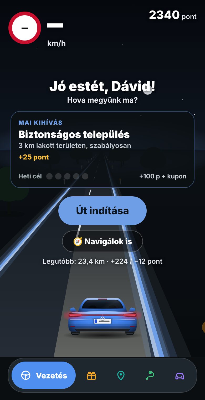 Az app kezdőképernyője a napi kihívással